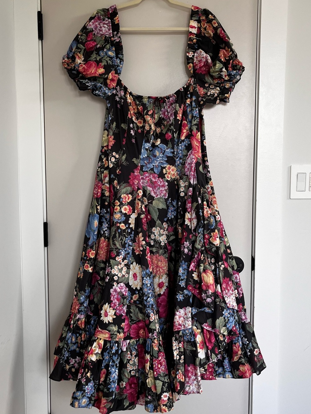 Selkie Black Floral Puff-Sleeve Gown with Colorful Blooms